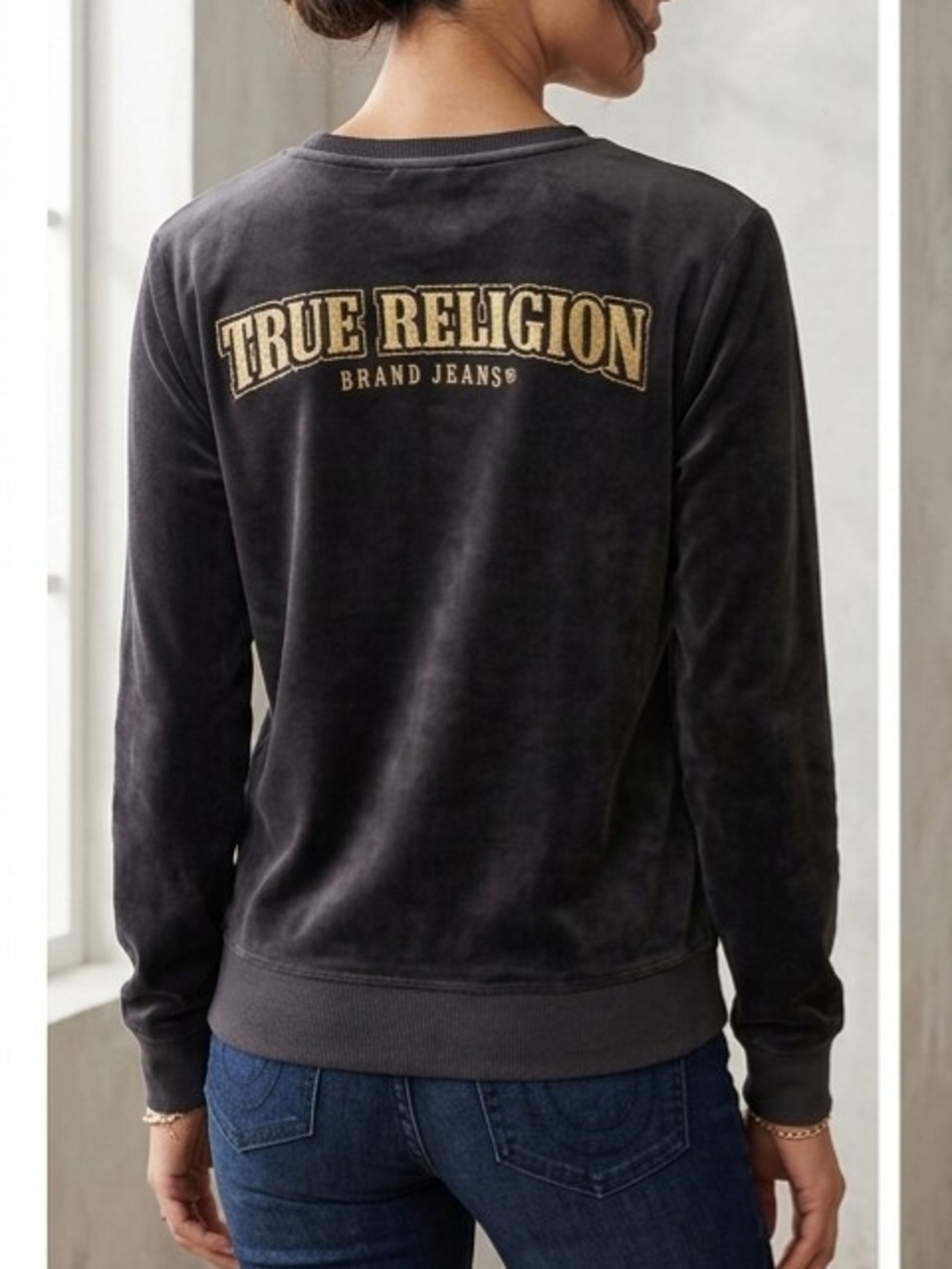 True Religion Charcoal Velour Logo Pullover